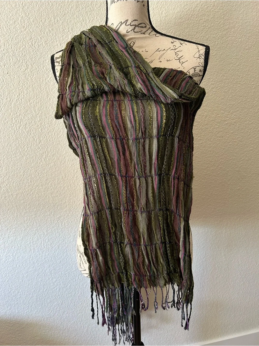 Source Unknown Olive and Plum Striped Lightweight Scarf